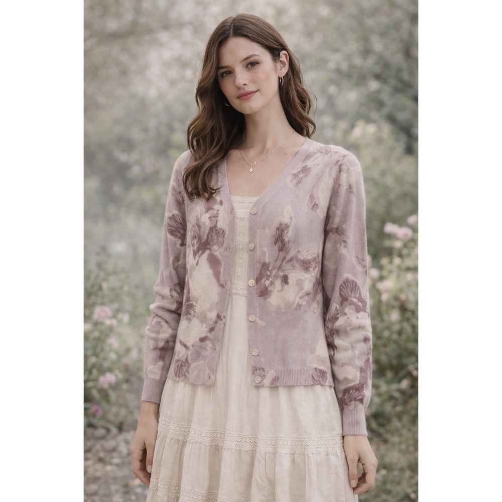 Stile‎ Benetton Womens Mauve Floral Wool Angora Blend V-Neck Cardigan Sweater M